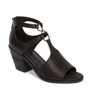 Eileen Fisher Lou Peep Toe Leather Ankle Strap Block Heel Sandal Black
